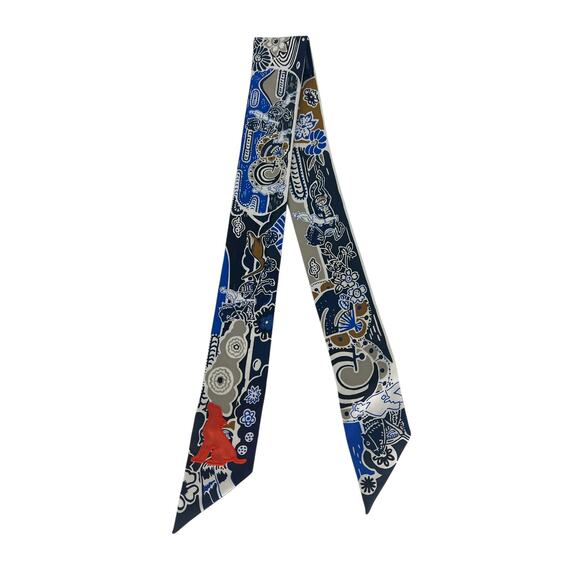 Hermès Printed Silk Bingata Sticker Twilly Marine Tabac Bleu Vif - Picture 8 of 12